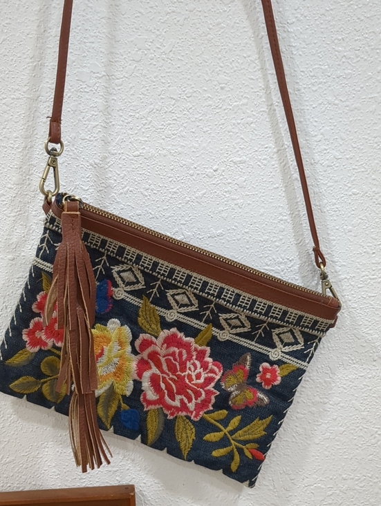 Johnny Was Handbags - JOHNNY WAS Hand-Embroidered Floral Crossbody Bag with Tassel - Denim and Brown